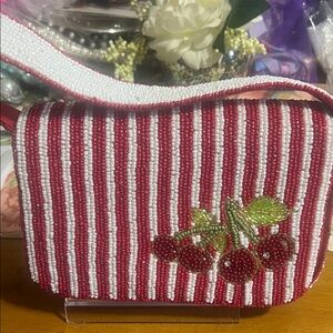 Handmade Beaded Red & White Stripe Cherry  Bag